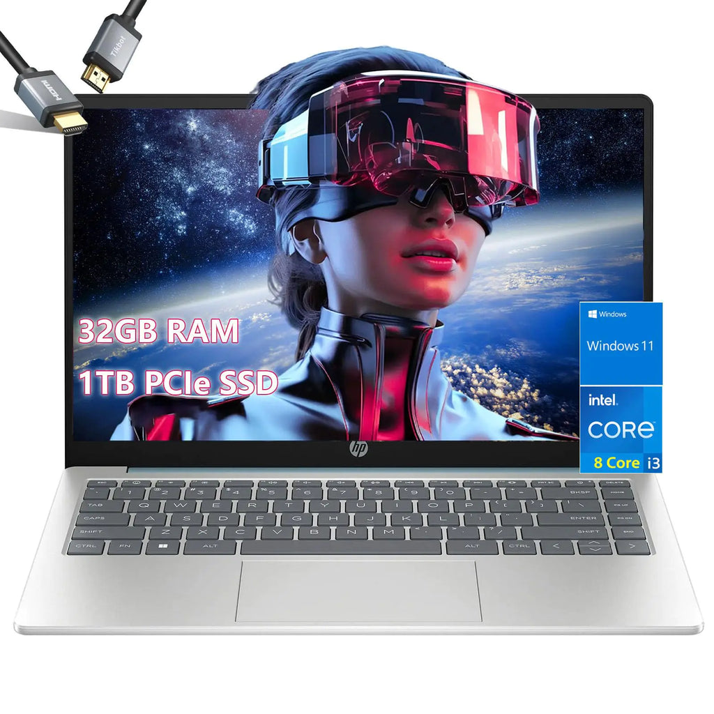 HP 14-Inch Intel i3 Ultralight Student Laptop - 32GB RAM, 1TB SSD, Windows 11 - 2024 - HDMI